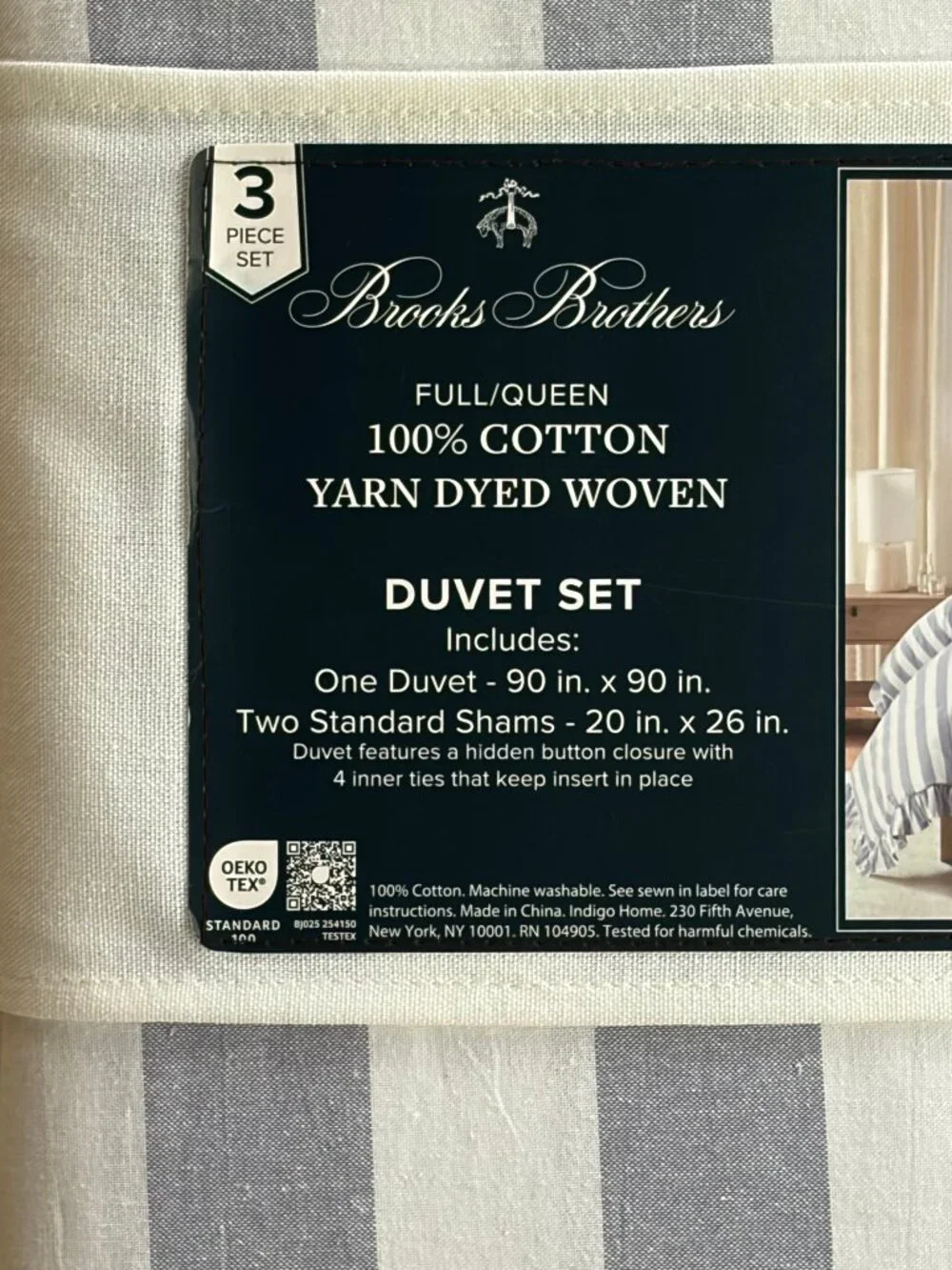 Brooks Brothers Blue & White Stripe Ruffled FULL/QUEEN Size Cotton Duvet Set